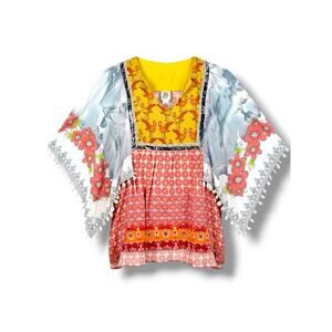 Ivy Jane Mixed Print Top L Flamingo Flora Tassel Boho Made In USA Maximalism